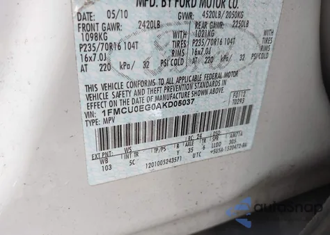 2010 Ford Escape Limited из США, поврежденный, VIN 1FMCU0EG0AKD05037